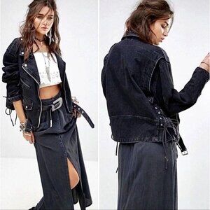Free People Denim Moto Jacket Oversized Corset Lace Up Washed Black Cotton XS
